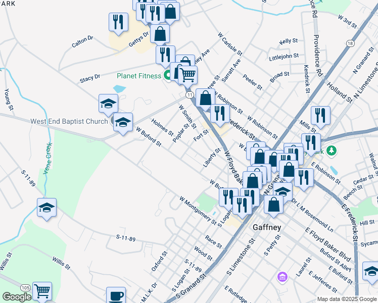 map of restaurants, bars, coffee shops, grocery stores, and more near 503 Holmes Street in Gaffney