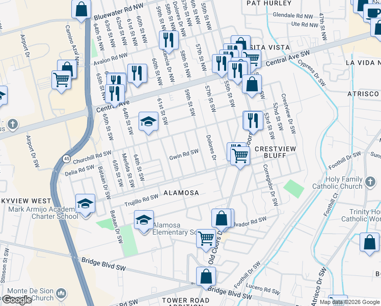 map of restaurants, bars, coffee shops, grocery stores, and more near 60th Street Southwest in Albuquerque