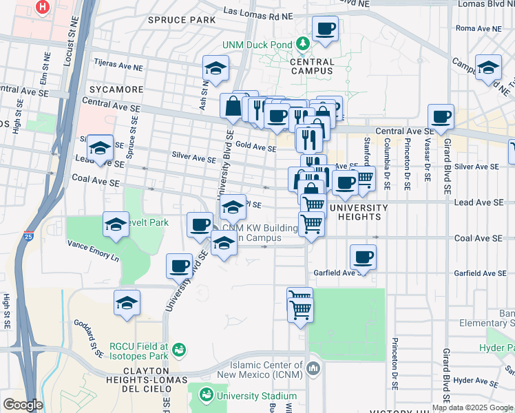 map of restaurants, bars, coffee shops, grocery stores, and more near 2000 Coal Place Southeast in Albuquerque