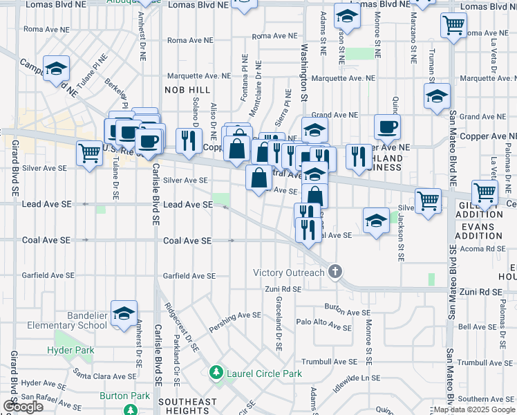 map of restaurants, bars, coffee shops, grocery stores, and more near 4207 Mesa Grande Place Southeast in Albuquerque