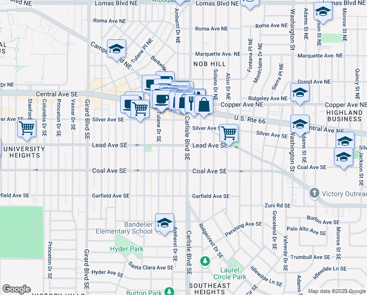 map of restaurants, bars, coffee shops, grocery stores, and more near 225 Carlisle Boulevard Southeast in Albuquerque