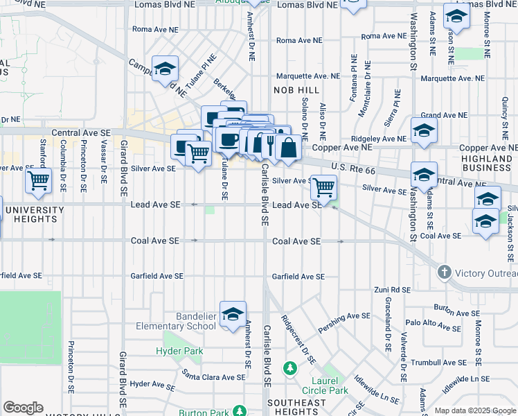 map of restaurants, bars, coffee shops, grocery stores, and more near 225 Carlisle Boulevard Southeast in Albuquerque