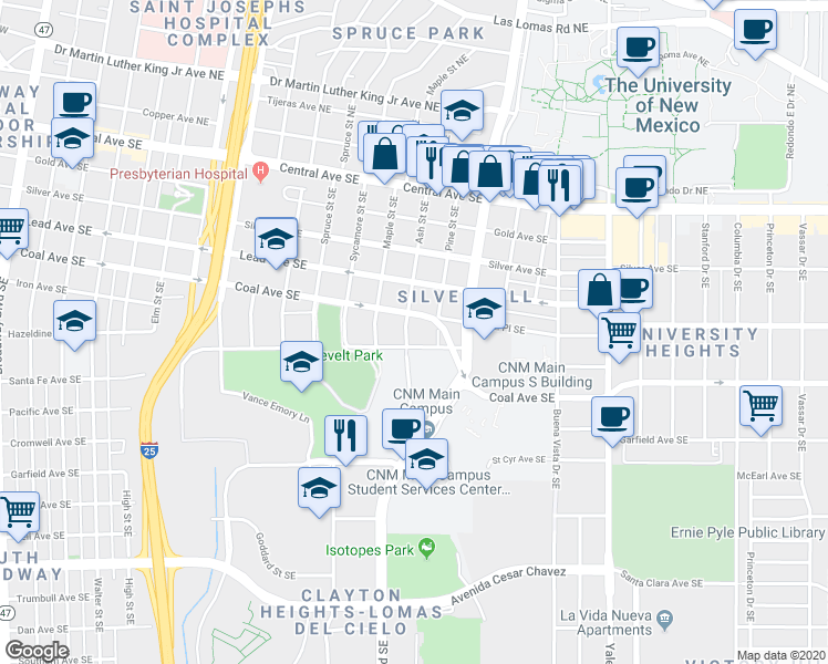 map of restaurants, bars, coffee shops, grocery stores, and more near 1618 Coal Avenue Southeast in Albuquerque