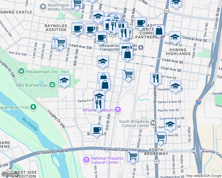 map of restaurants, bars, coffee shops, grocery stores, and more near Hazeldine Avenue Southeast in Albuquerque
