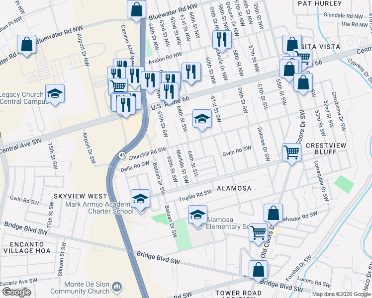 map of restaurants, bars, coffee shops, grocery stores, and more near 6400 Churchill Road Southwest in Albuquerque