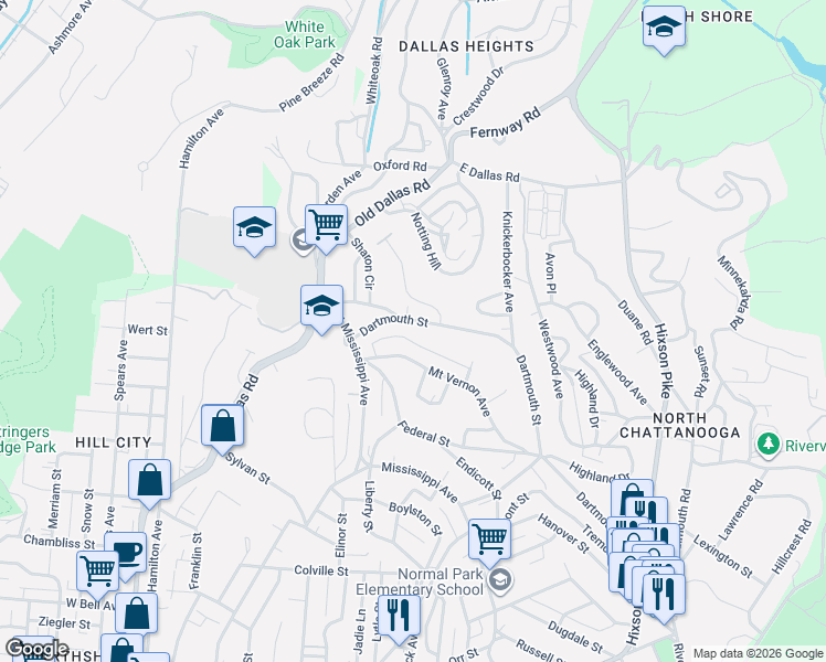 map of restaurants, bars, coffee shops, grocery stores, and more near 1307 Carrington Way in Chattanooga