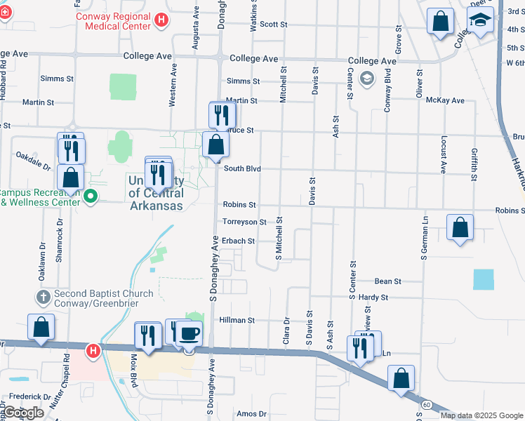 map of restaurants, bars, coffee shops, grocery stores, and more near 103 Mitchell Street in Conway