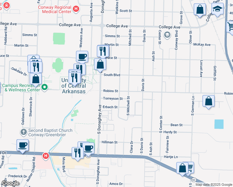 map of restaurants, bars, coffee shops, grocery stores, and more near 100 Elizabeth Street in Conway