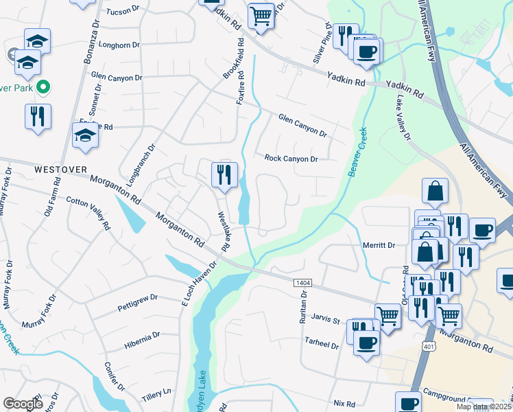 map of restaurants, bars, coffee shops, grocery stores, and more near 209 Waterdown Drive in Fayetteville