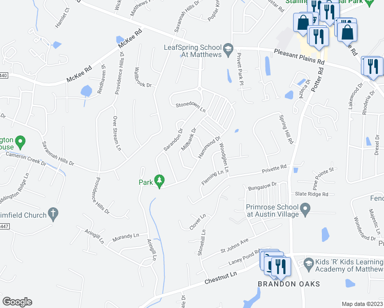 map of restaurants, bars, coffee shops, grocery stores, and more near 1017 Kensrowe Lane in Stallings
