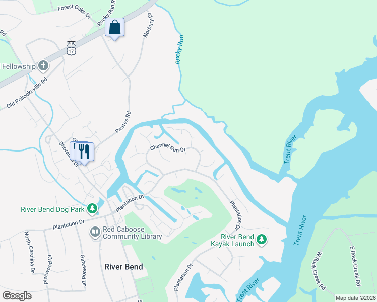 map of restaurants, bars, coffee shops, grocery stores, and more near 206 Channel Run Drive in New Bern