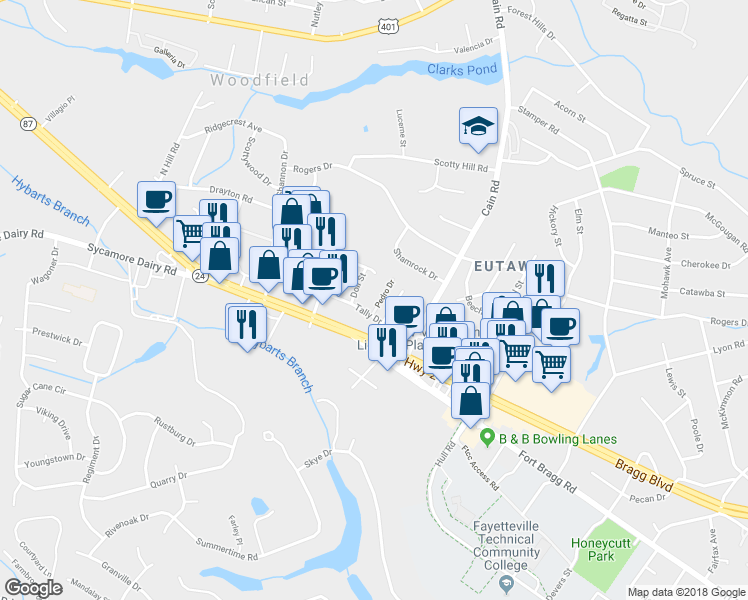 map of restaurants, bars, coffee shops, grocery stores, and more near 921 Pedro Drive in Fayetteville