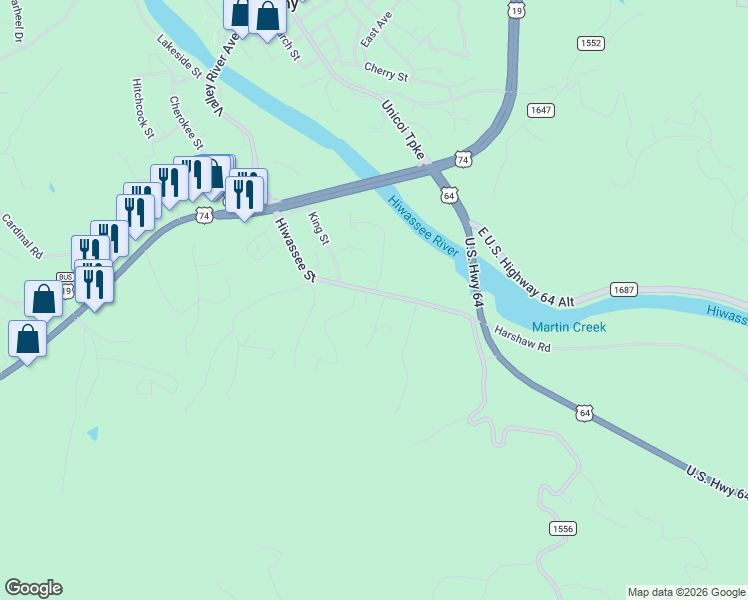 map of restaurants, bars, coffee shops, grocery stores, and more near 1021 Hiwassee Street in Murphy