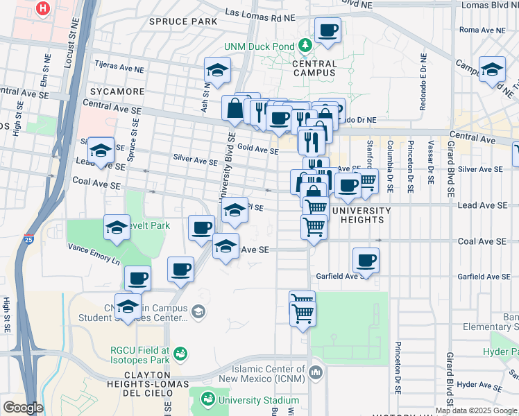 map of restaurants, bars, coffee shops, grocery stores, and more near 2000 Coal Place Southeast in Albuquerque