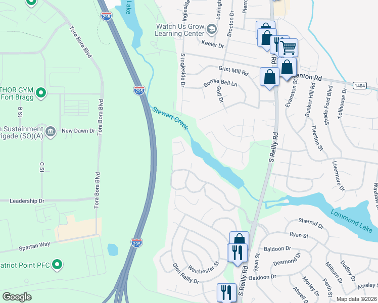 map of restaurants, bars, coffee shops, grocery stores, and more near 950 Stewarts Creek Drive in Fayetteville