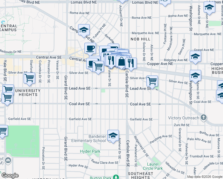 map of restaurants, bars, coffee shops, grocery stores, and more near 300 Tulane Drive Southeast in Albuquerque