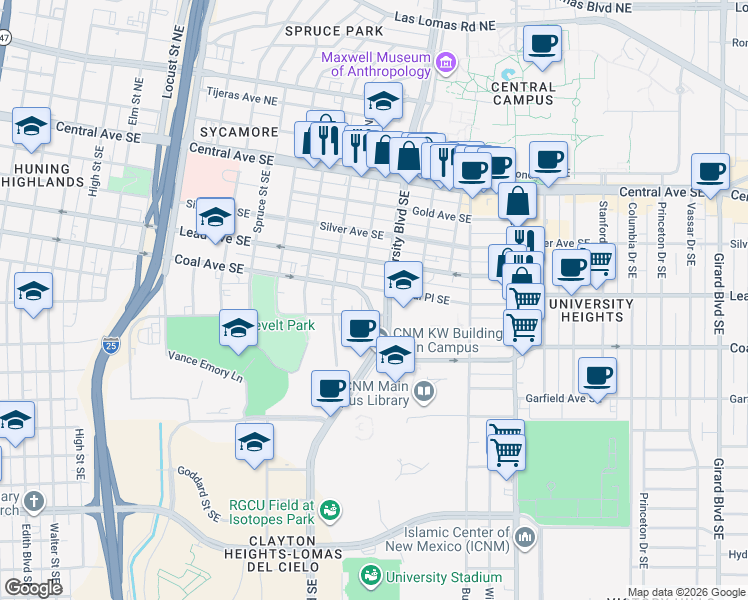 map of restaurants, bars, coffee shops, grocery stores, and more near 1710 Coal Place Southeast in Albuquerque