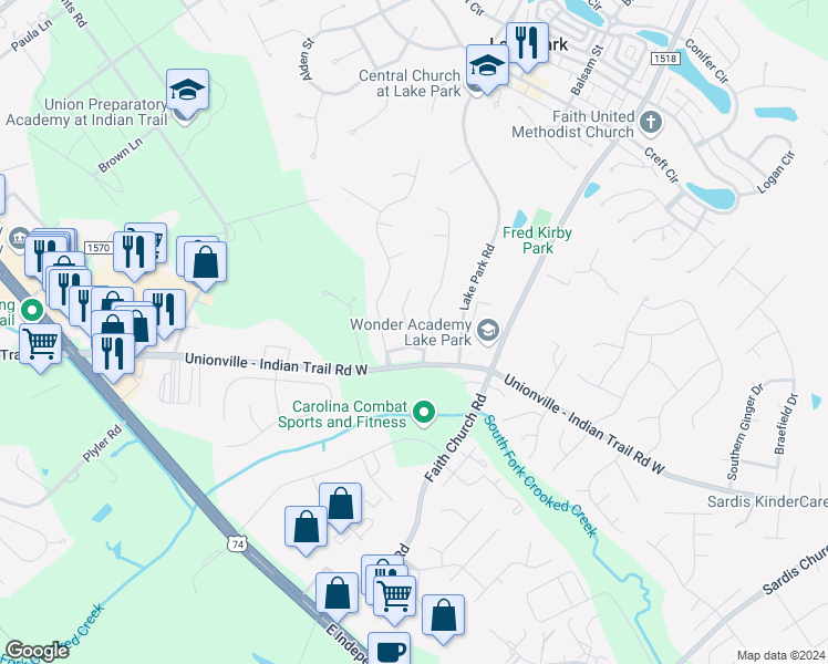 map of restaurants, bars, coffee shops, grocery stores, and more near 3304 Hard Rock Court in Indian Trail