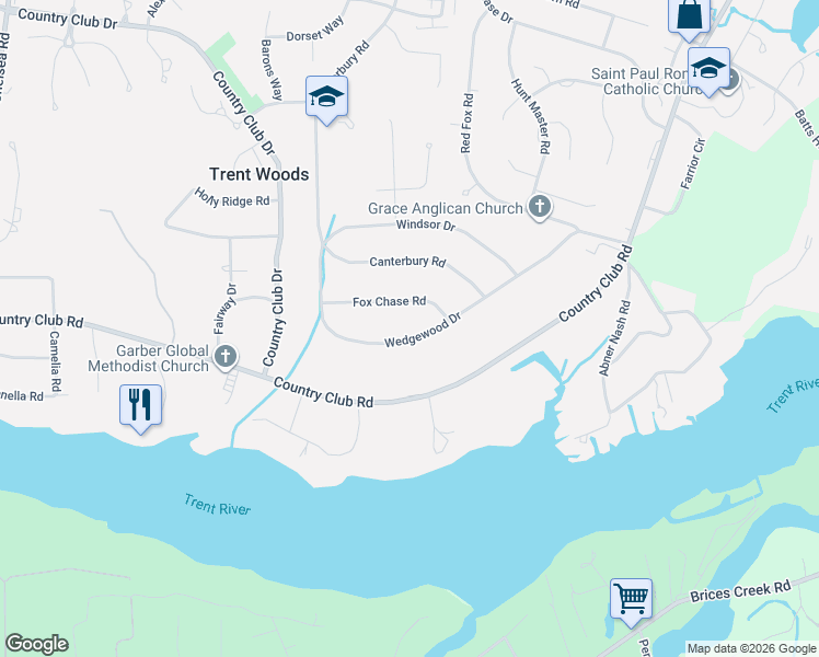 map of restaurants, bars, coffee shops, grocery stores, and more near 3607 Fox Chase Road in Trent Woods