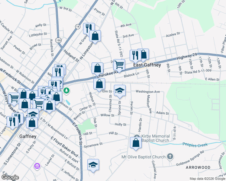 map of restaurants, bars, coffee shops, grocery stores, and more near 403 Elm Street in Gaffney