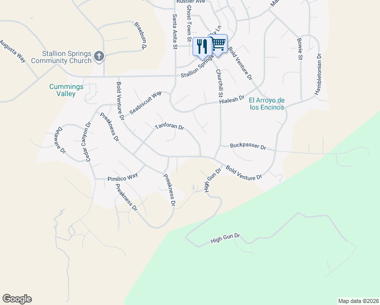 map of restaurants, bars, coffee shops, grocery stores, and more near 17261 Bold Venture Drive in Stallion Springs