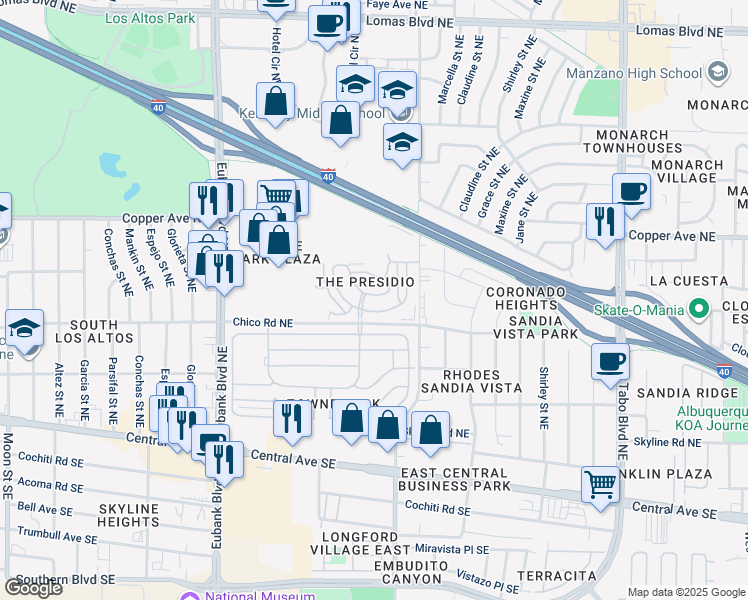 map of restaurants, bars, coffee shops, grocery stores, and more near 10923 Arguello Trail Northeast in Albuquerque