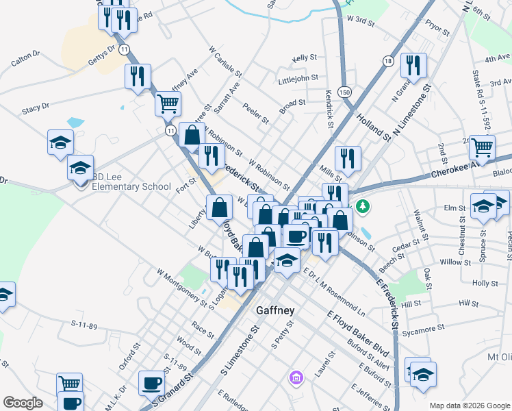 map of restaurants, bars, coffee shops, grocery stores, and more near 107-199 Oakland Avenue in Gaffney