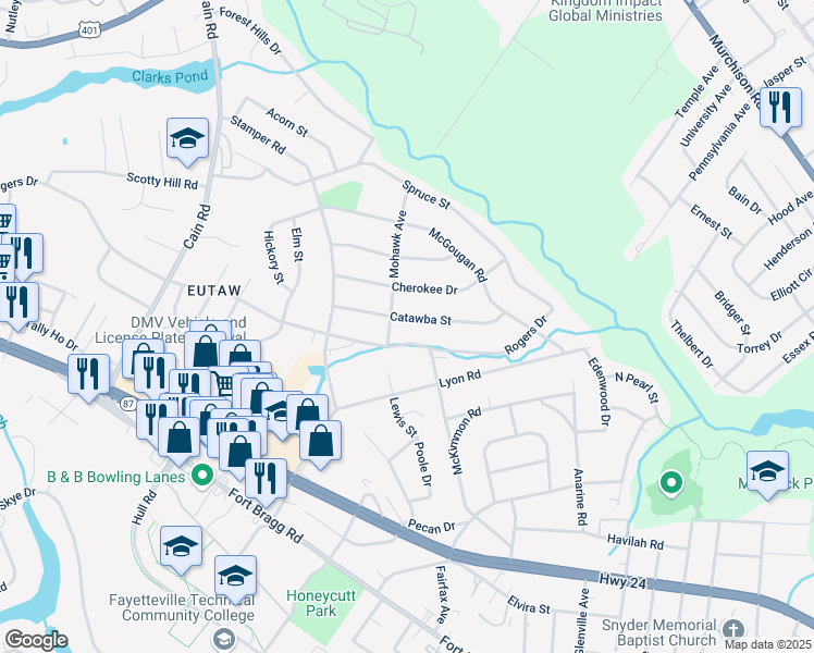 map of restaurants, bars, coffee shops, grocery stores, and more near 1813 Catawba Street in Fayetteville