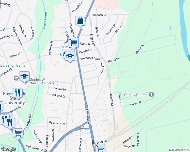 map of restaurants, bars, coffee shops, grocery stores, and more near 123 Buckingham Avenue in Fayetteville