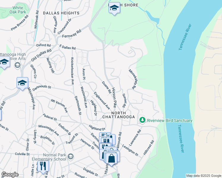 map of restaurants, bars, coffee shops, grocery stores, and more near 1275 Duane Road in Chattanooga