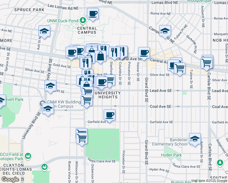 map of restaurants, bars, coffee shops, grocery stores, and more near 302 Stanford Drive Southeast in Albuquerque