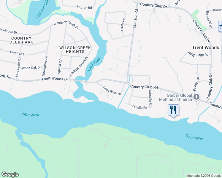 map of restaurants, bars, coffee shops, grocery stores, and more near 4708 Trent River Drive in Trent Woods
