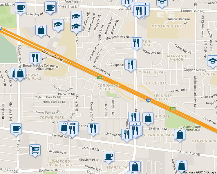 map of restaurants, bars, coffee shops, grocery stores, and more near 99999 Domingo Road Northeast in Albuquerque