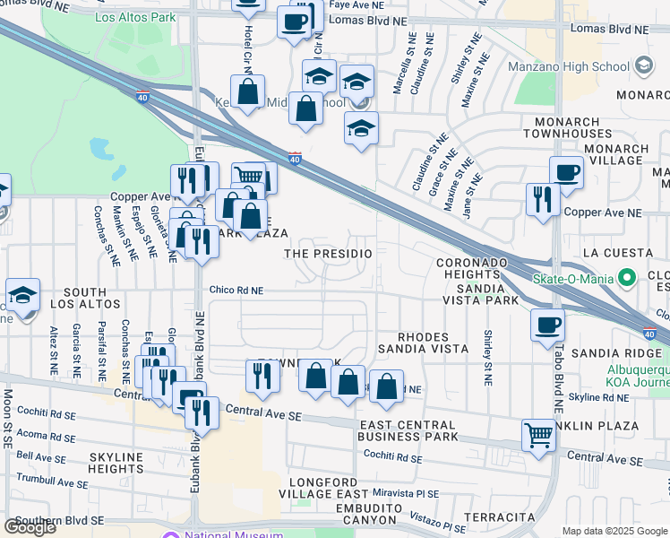 map of restaurants, bars, coffee shops, grocery stores, and more near 10923 Arguello Trail Northeast in Albuquerque