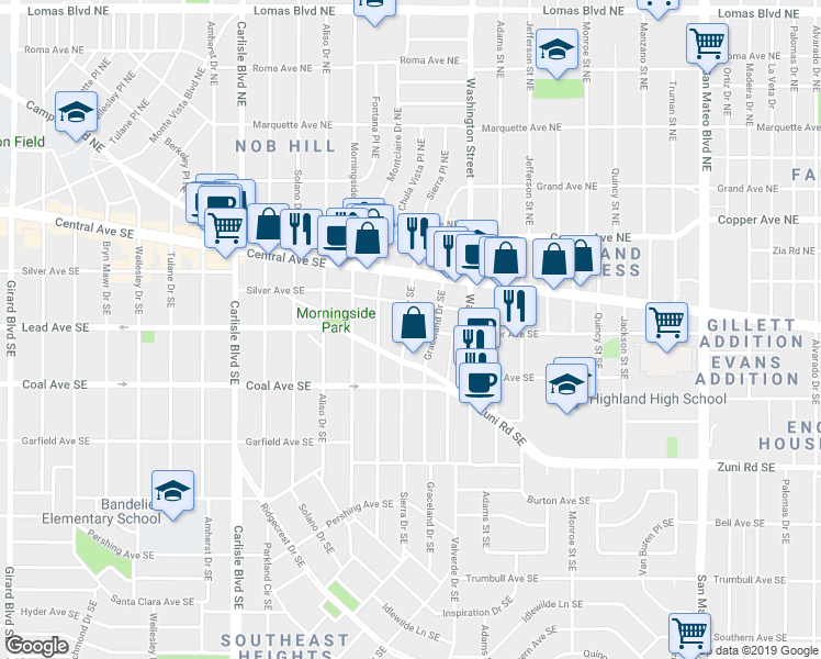 map of restaurants, bars, coffee shops, grocery stores, and more near 4207 Mesa Grande Place Southeast in Albuquerque