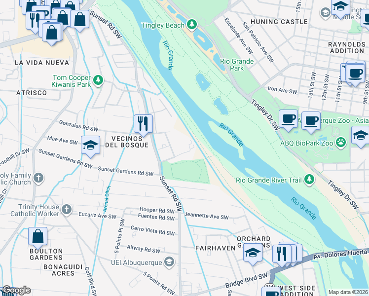 map of restaurants, bars, coffee shops, grocery stores, and more near 1306 Neetsie Drive Southwest in Albuquerque
