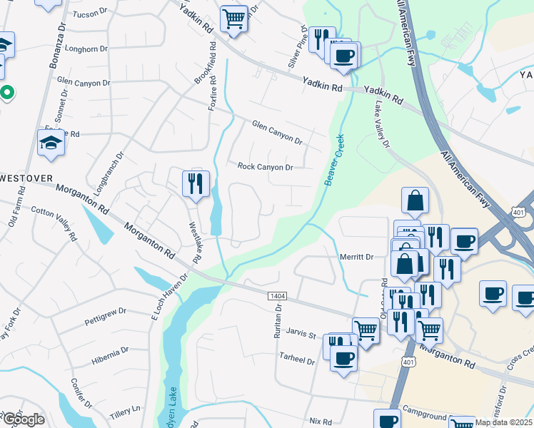 map of restaurants, bars, coffee shops, grocery stores, and more near 274 Waterdown Drive in Fayetteville