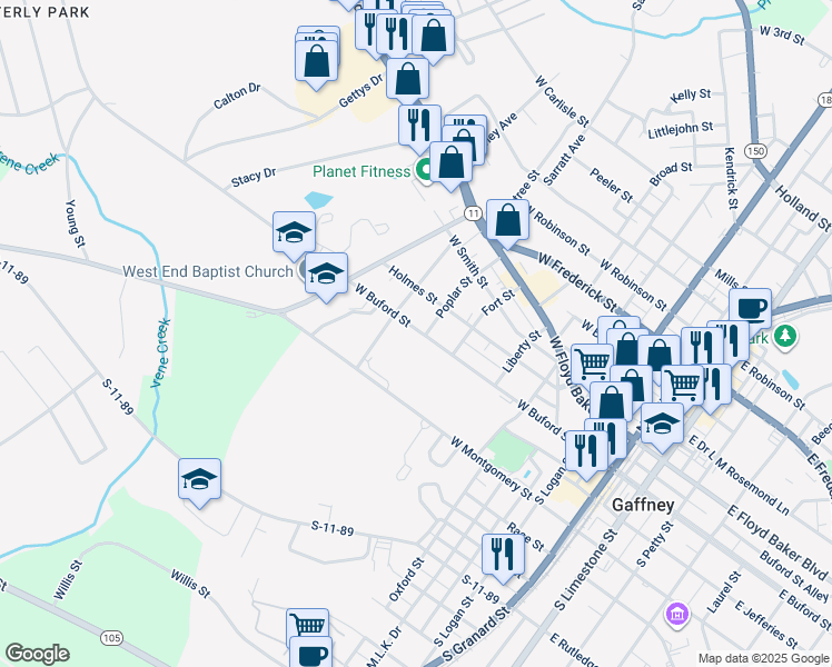 map of restaurants, bars, coffee shops, grocery stores, and more near 73 Poplar Street in Gaffney