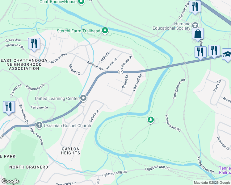 map of restaurants, bars, coffee shops, grocery stores, and more near 3903 Bryant Street in Chattanooga
