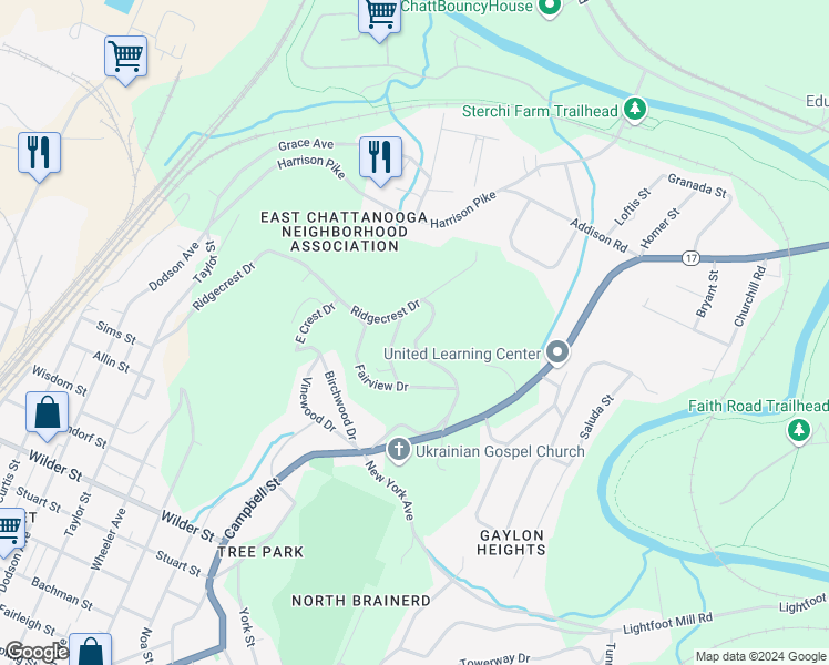 map of restaurants, bars, coffee shops, grocery stores, and more near 3614 Parkway Drive in Chattanooga