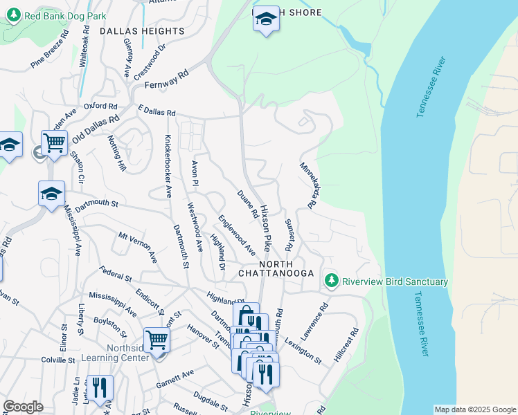 map of restaurants, bars, coffee shops, grocery stores, and more near 1610 Hixson Pike in Chattanooga