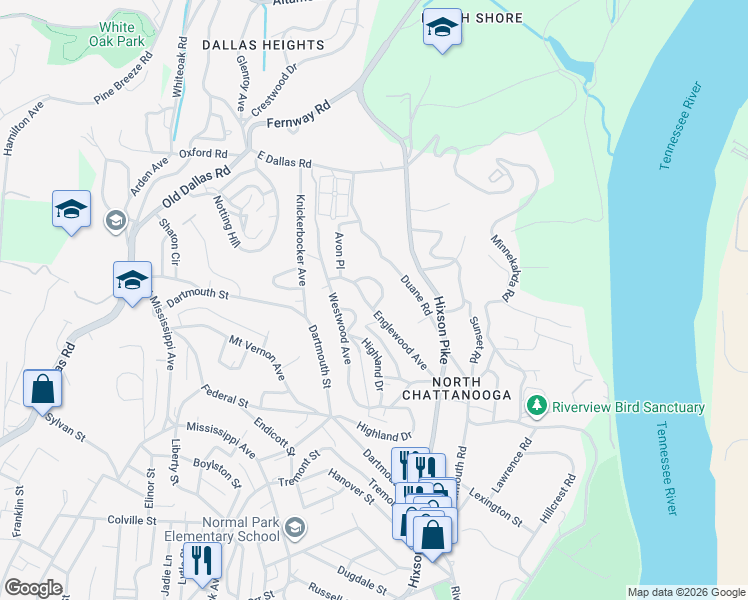 map of restaurants, bars, coffee shops, grocery stores, and more near 1021 Englewood Avenue in Chattanooga