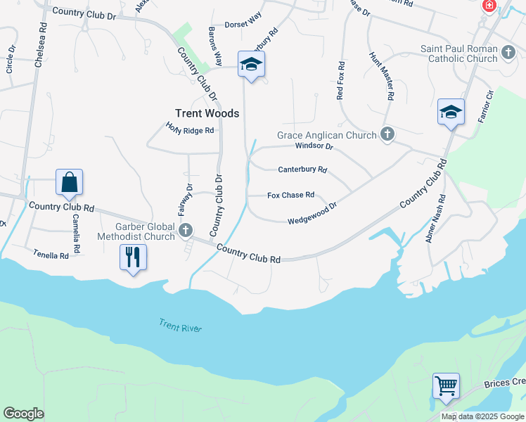 map of restaurants, bars, coffee shops, grocery stores, and more near 3620 Wedgewood Drive in Trent Woods