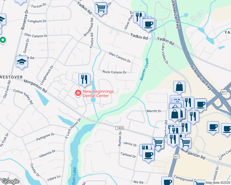 map of restaurants, bars, coffee shops, grocery stores, and more near 274 Waterdown Drive in Fayetteville