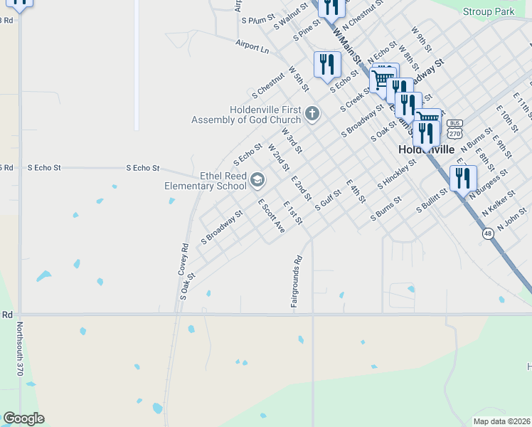 map of restaurants, bars, coffee shops, grocery stores, and more near 800 South Broadway Street in Holdenville