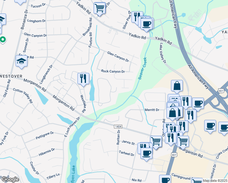 map of restaurants, bars, coffee shops, grocery stores, and more near 301 Warton Lane in Fayetteville