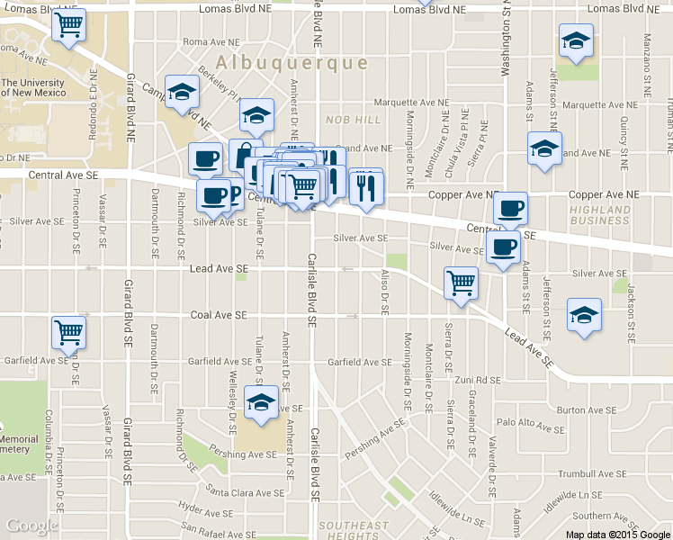 map of restaurants, bars, coffee shops, grocery stores, and more near 301 Hermosa Drive Southeast in Albuquerque