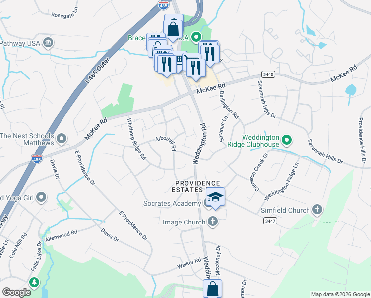 map of restaurants, bars, coffee shops, grocery stores, and more near 2416 Normancrest Court in Charlotte