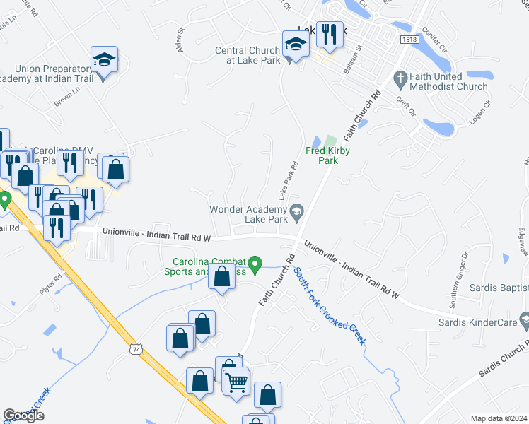map of restaurants, bars, coffee shops, grocery stores, and more near 3308 Brooktree Lane in Indian Trail