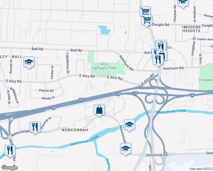map of restaurants, bars, coffee shops, grocery stores, and more near 2505 East Hillview Drive in Memphis